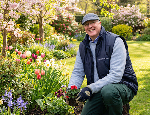 Planting flowers in garden Gardener kneeling down planting flowers /gardencare2000